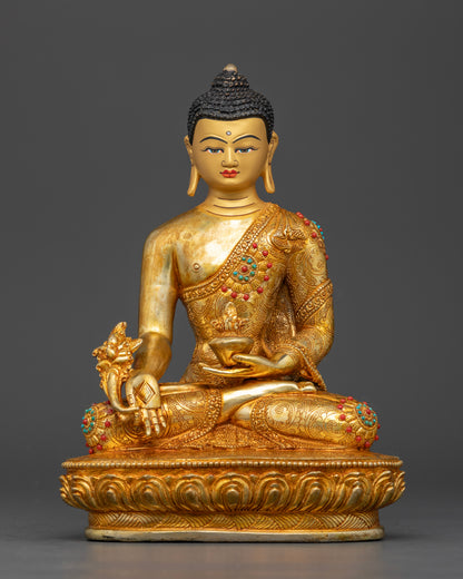 Medicine Buddha statue gold fire gilded with 24K painted face on lotus seat