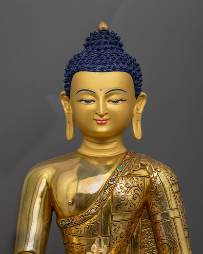 Medicine Buddha statue showing detailed facial expression and sacred bowl of healing nectar, handcrafted in Nepal.