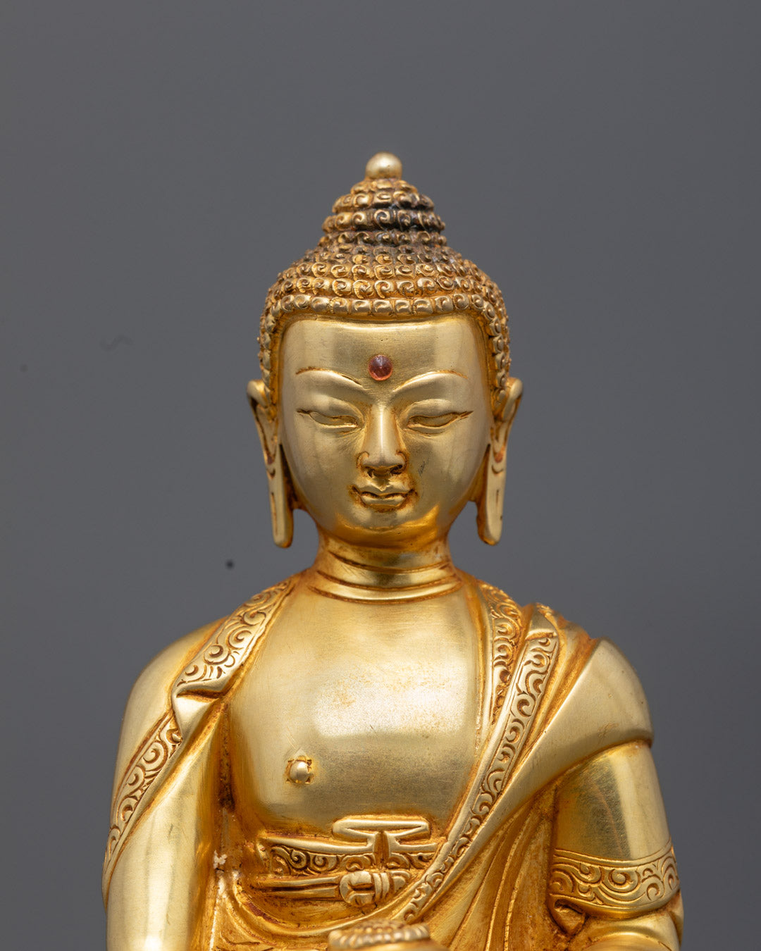 Meditating Gautam Buddha sculpture with fire gilded body and Kasaya robe spiritual home decor