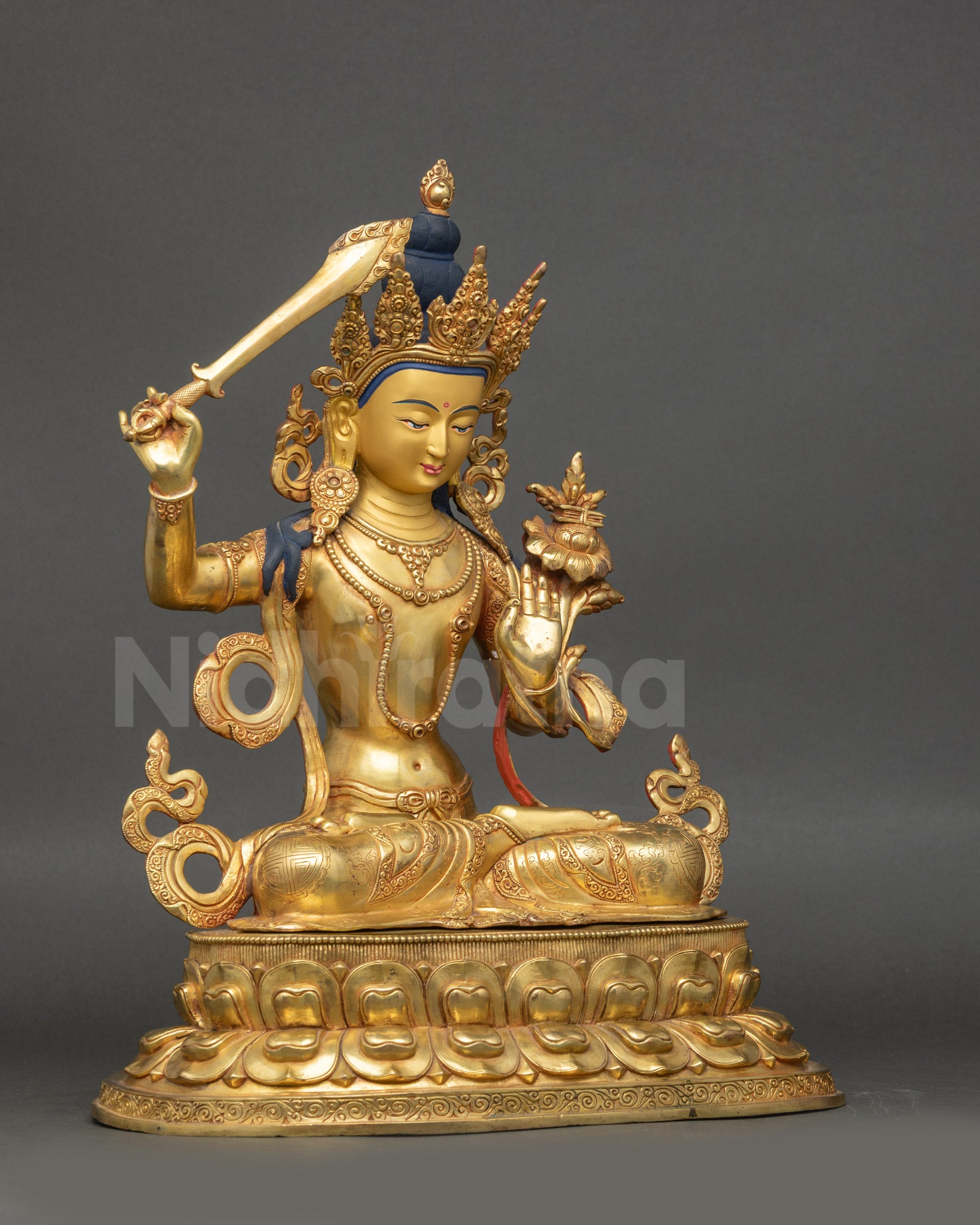 Meditating Manjushri Statue Holding Utpala Flower and Double-Edged Sword