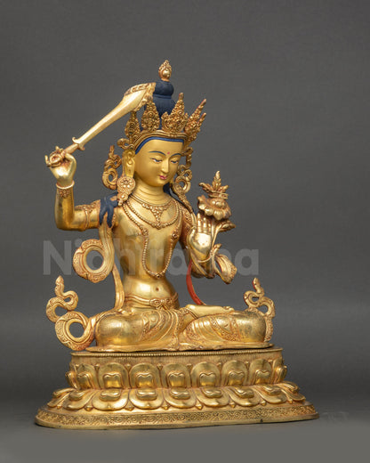 Meditating Manjushri Statue Holding Utpala Flower and Double-Edged Sword