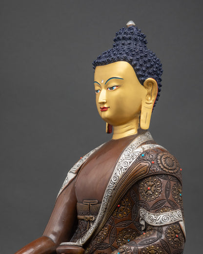 Meditation Buddha figurine seated on lotus throne holding monk’s bowl, Nepalese copper artwork