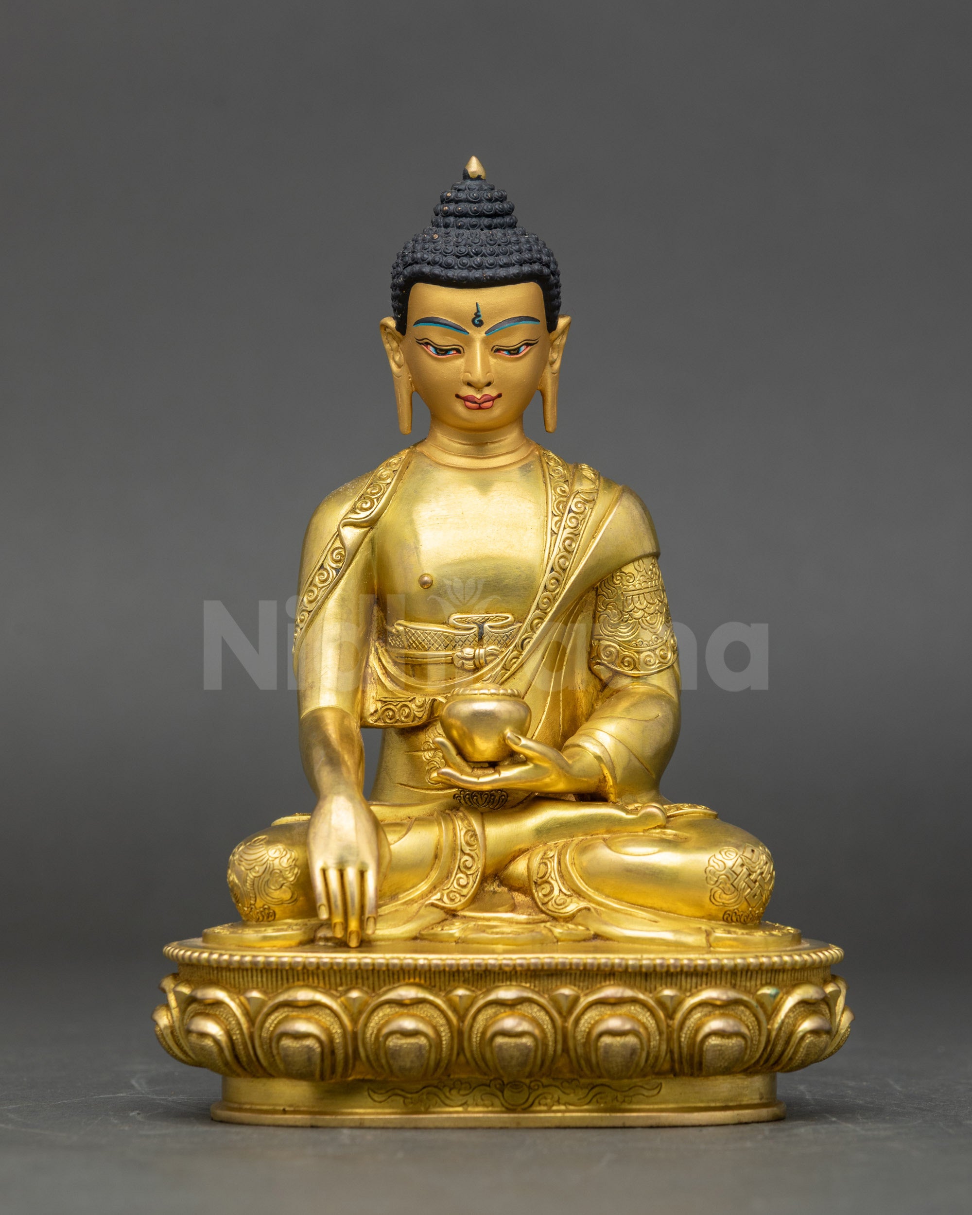 Meditation Shakya Thubpa Buddha Statue handcrafted in Nepal with fire-gilded copper for spiritual home altar