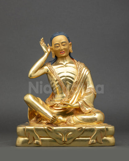 Milarepa Statue front view handcrafted gold-gilded copper Nepalese figurine
