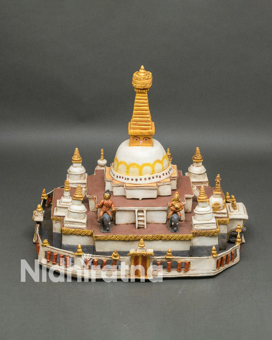 Mini Boudhanath Stupa statue front view, hand-painted copper Buddhist monument Nepal
