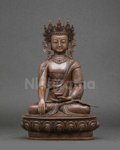 Mitrugpa Akshobhya Buddha figurine on lotus throne, handcrafted Nepalese copper art