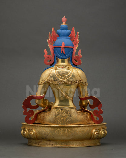 Mitrugpa Statue back view detailed halo with miniature animals and deities