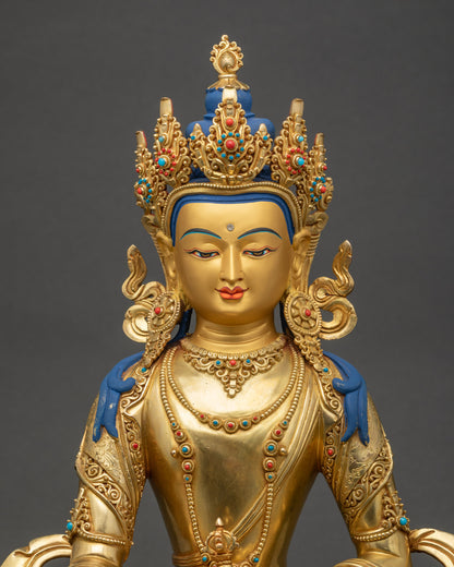 Mitrugpa Statue close up view intricate garments and Five-Jeweled Crown