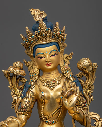 Mother Green Tara Statue regular close up lost-wax cast copper with semi-precious stones