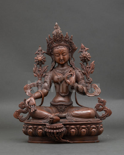 Mother of Liberation Tara statue seated on lotus, handcrafted Nepalese copper sculpture