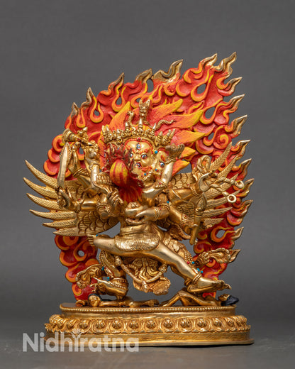 Multi-armed Hayagriva protector statue holding sword, wisdom flame, and lasso
