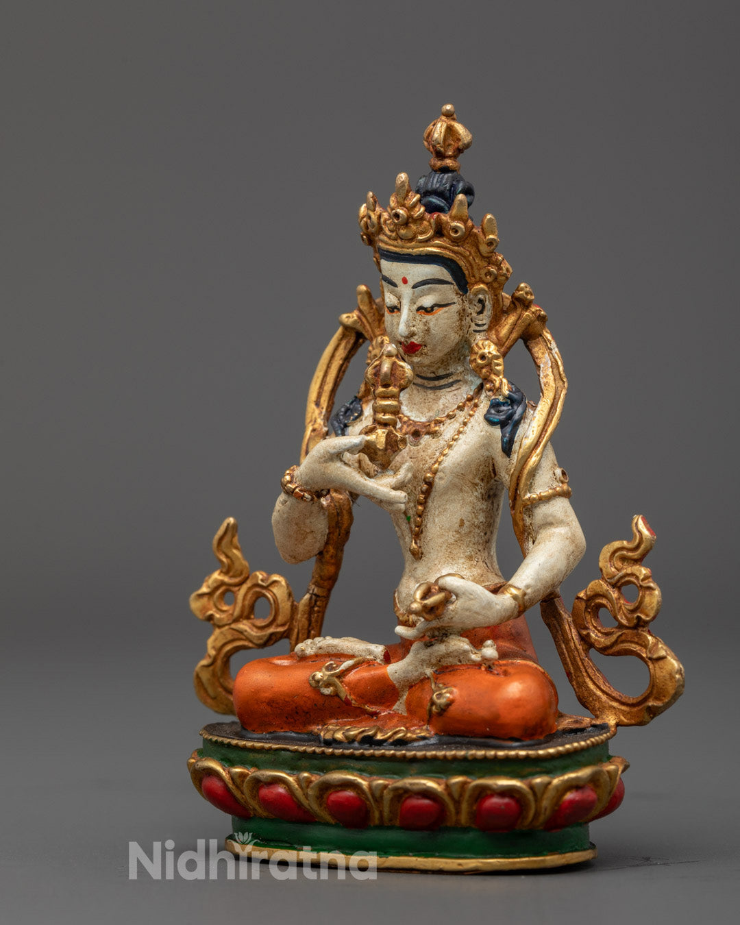 Multi-coloured lotus throne with hollow section for mantra fillings supporting Vajrasattva Buddha of Purification statue
