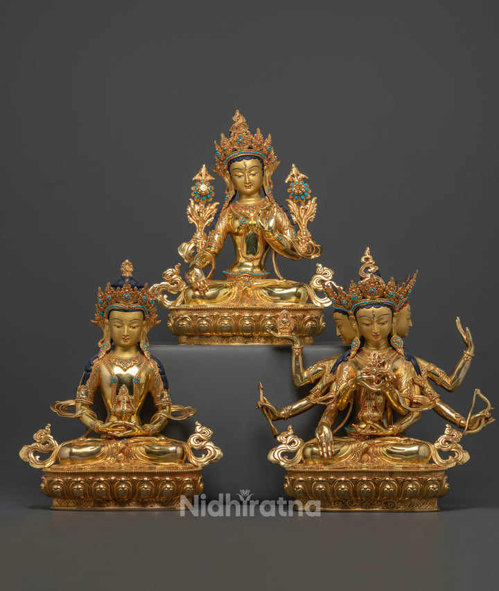 Three Deities of Long Life Statue Set: White Tara, Amitayus, and Namgyalma