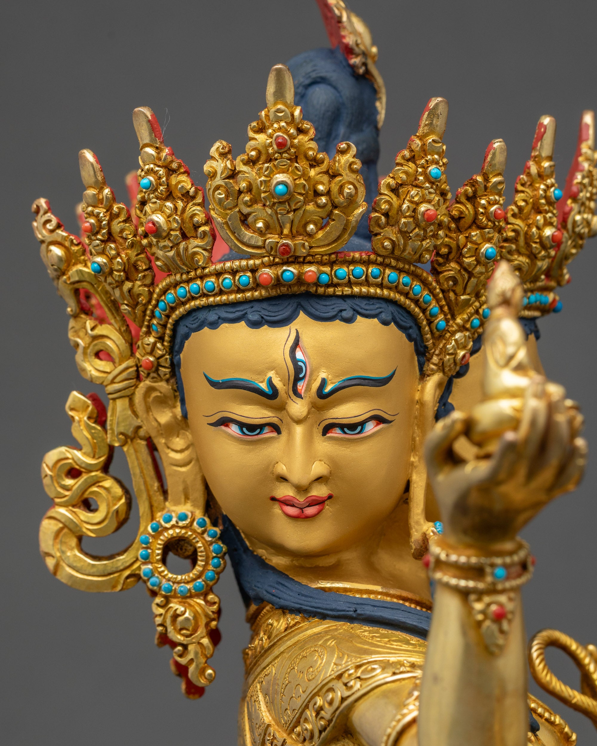 Namgyalma Statue Side Close-Up Eight Arms Holding Sacred Attributes