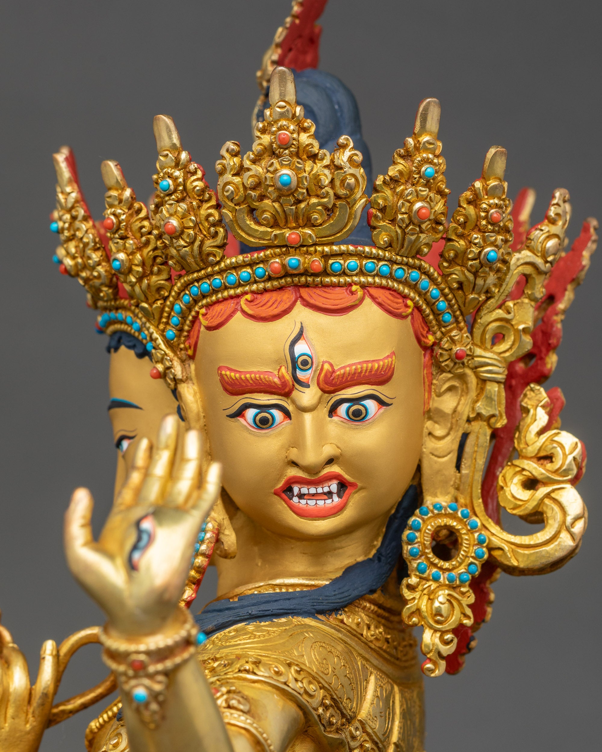 Namgyalma Three-Headed Face Close-Up 24K Gold Fire-Gilded Buddhist Sculpture