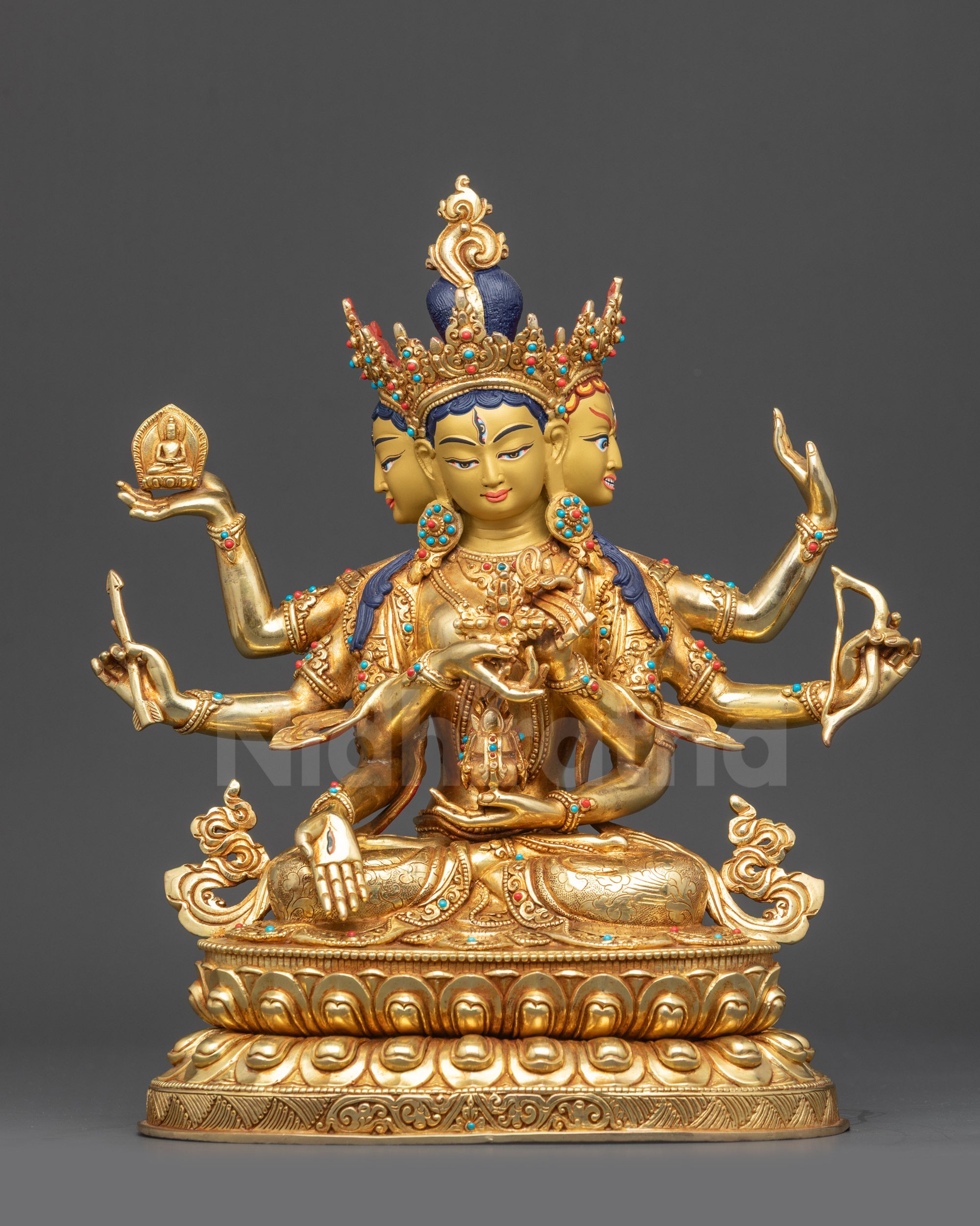 Namgyalma Ushnishavijaya gold fire-gilded statue front view with lotus seat and sacred ornaments
