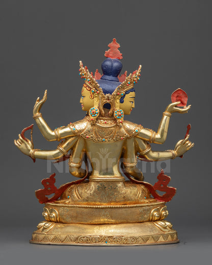 Namgyalma Ushnishavijaya statue back view showing dharmachakra and dual deer carving