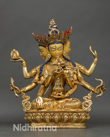 Namgyalma statue front view, gold fire-gilded copper, Nepalese Vajrayana art