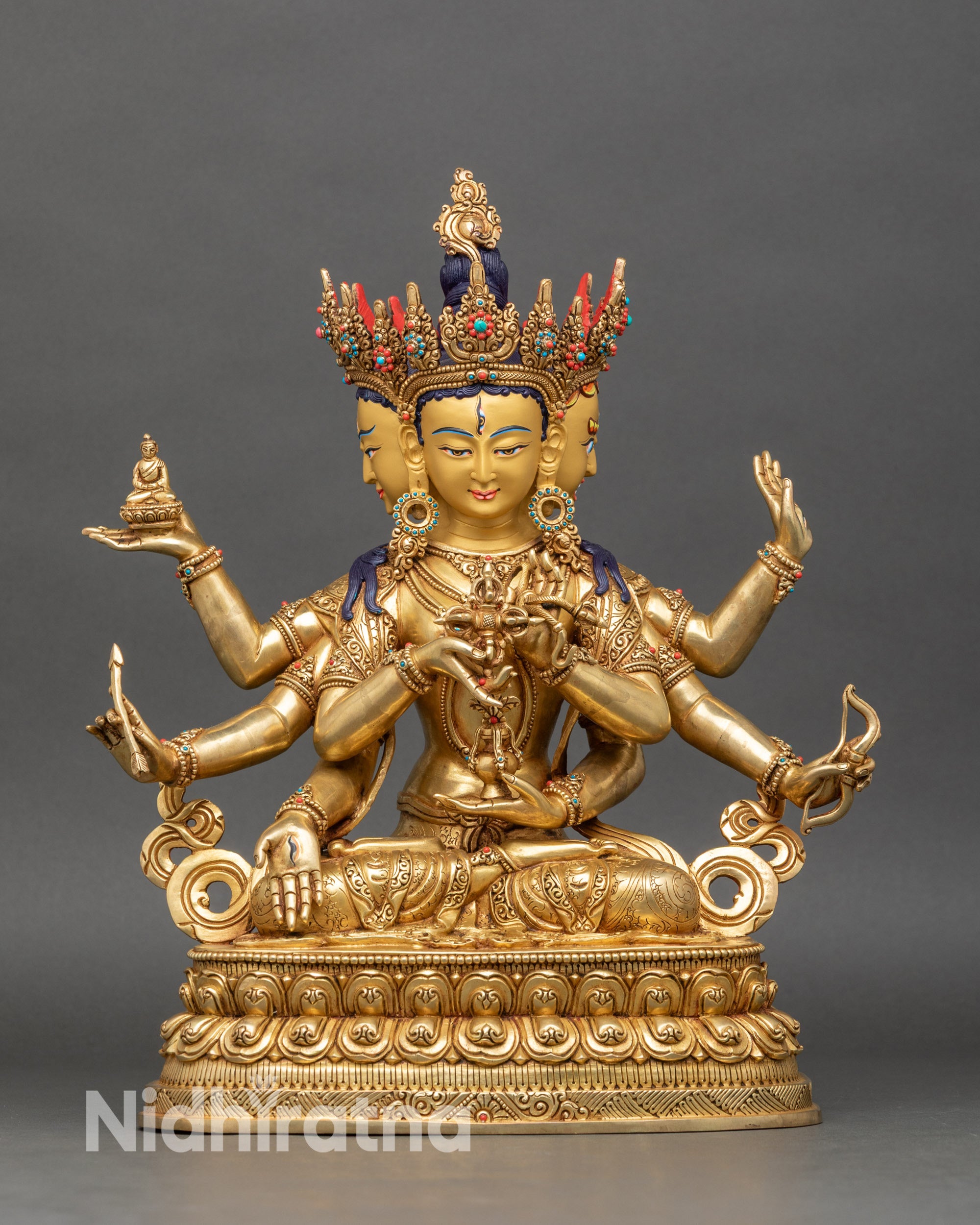 Namgyalma statue full view, handcrafted copper with 24K gold fire-gilding from Nepal