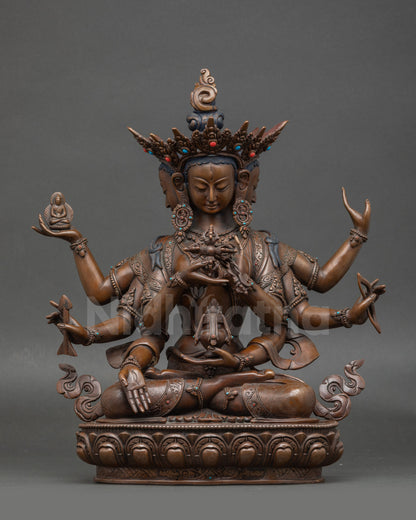 Namgyalma statue with three faces and eight arms on lotus seat, Nepalese Buddhist art