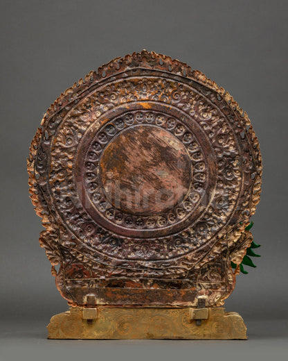 Namtoshe Statue back view showing detailed halo and flowing carved robe