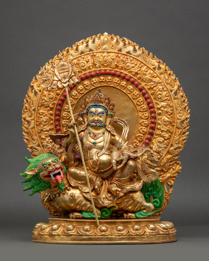 Namtoshe Statue on Snow Lion front view gold-gilded Nepalese copper sculpture