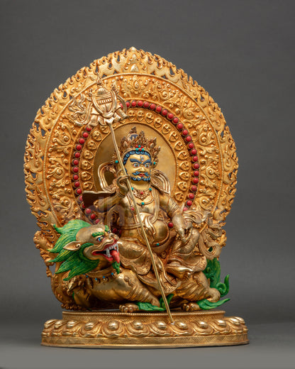 Namtoshe Statue right side view on snow lion with gold-gilded copper