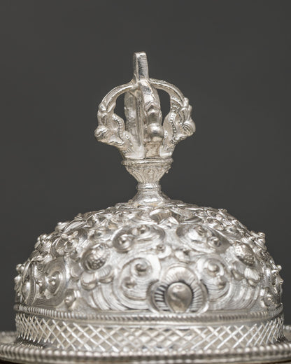 Nepalese Buddhist Kapala ritual vessel with half vajra lid and three sided base.