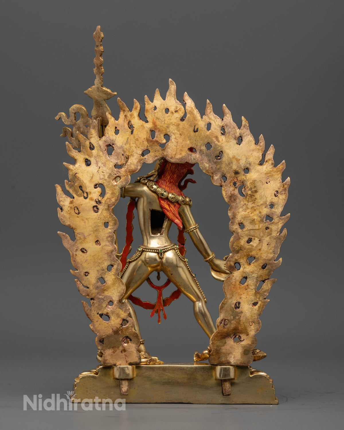 Nepalese Vajrayogini sculpture with blazing halo lotus pedestal and traditional Himalayan craftsmanship.