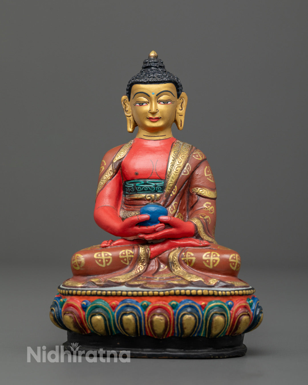 Nepalese Amida Buddha statue handcrafted with lost wax method featuring 24k gold-plated face and copper body