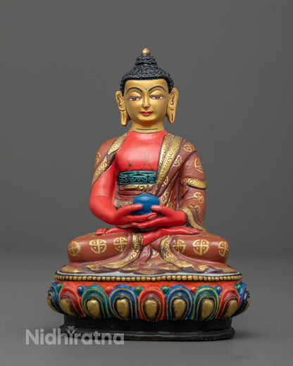 Nepalese Amida Buddha statue handcrafted with lost wax method featuring 24k gold-plated face and copper body