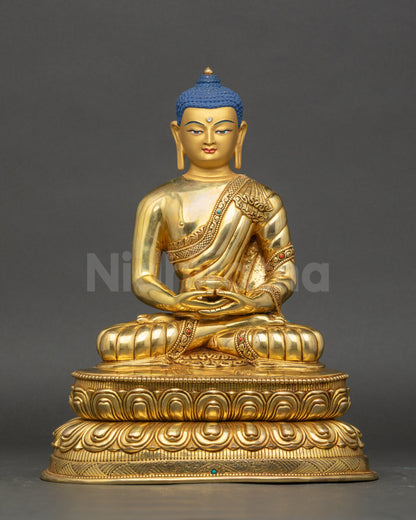 Nepalese Amitabha Buddha statue front view with 24K gold fire gilding and lotus seat
