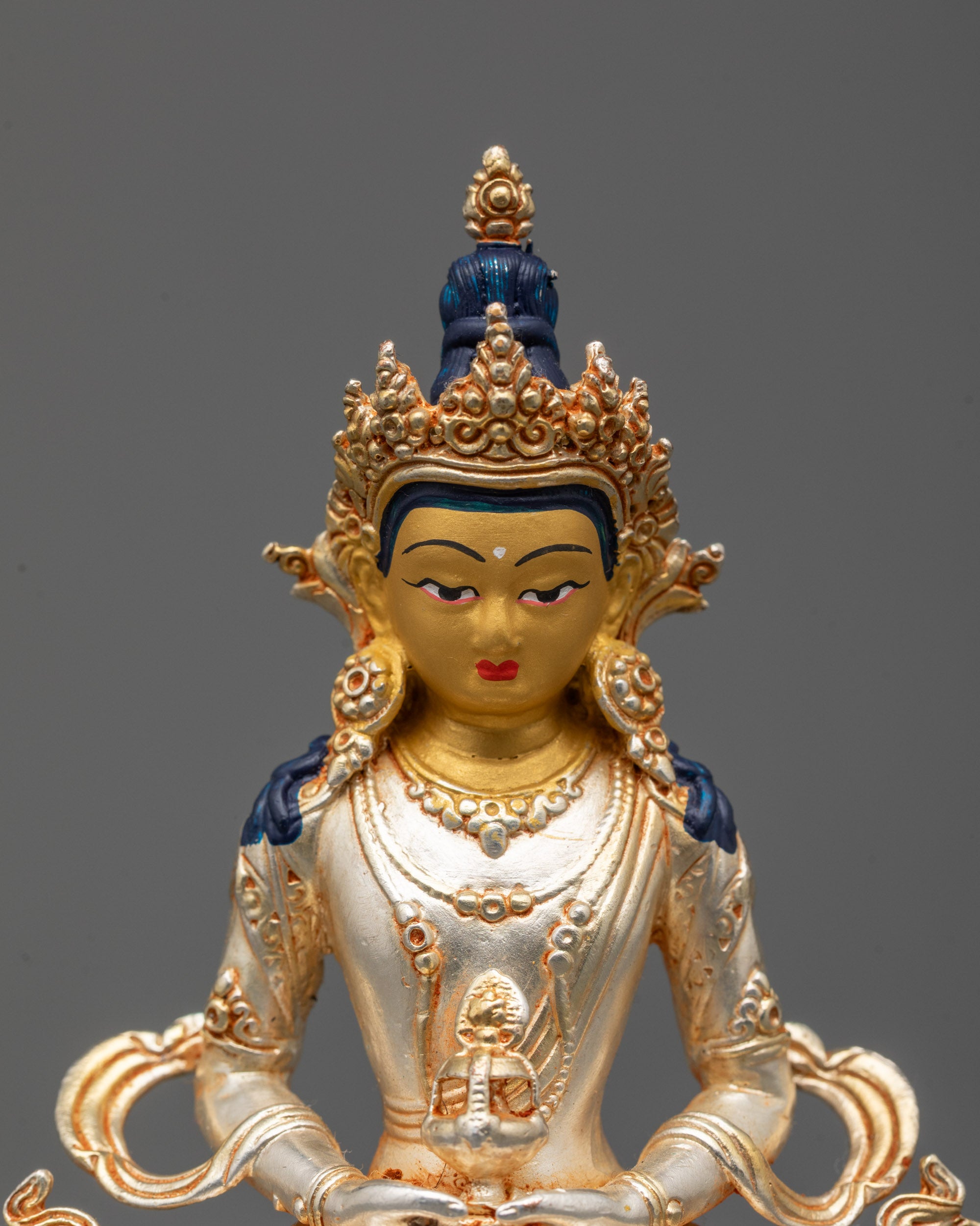 Nepalese Amitayus Buddha Statue symbolizing longevity and health with silver body