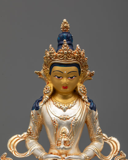 Nepalese Amitayus Buddha Statue symbolizing longevity and health with silver body