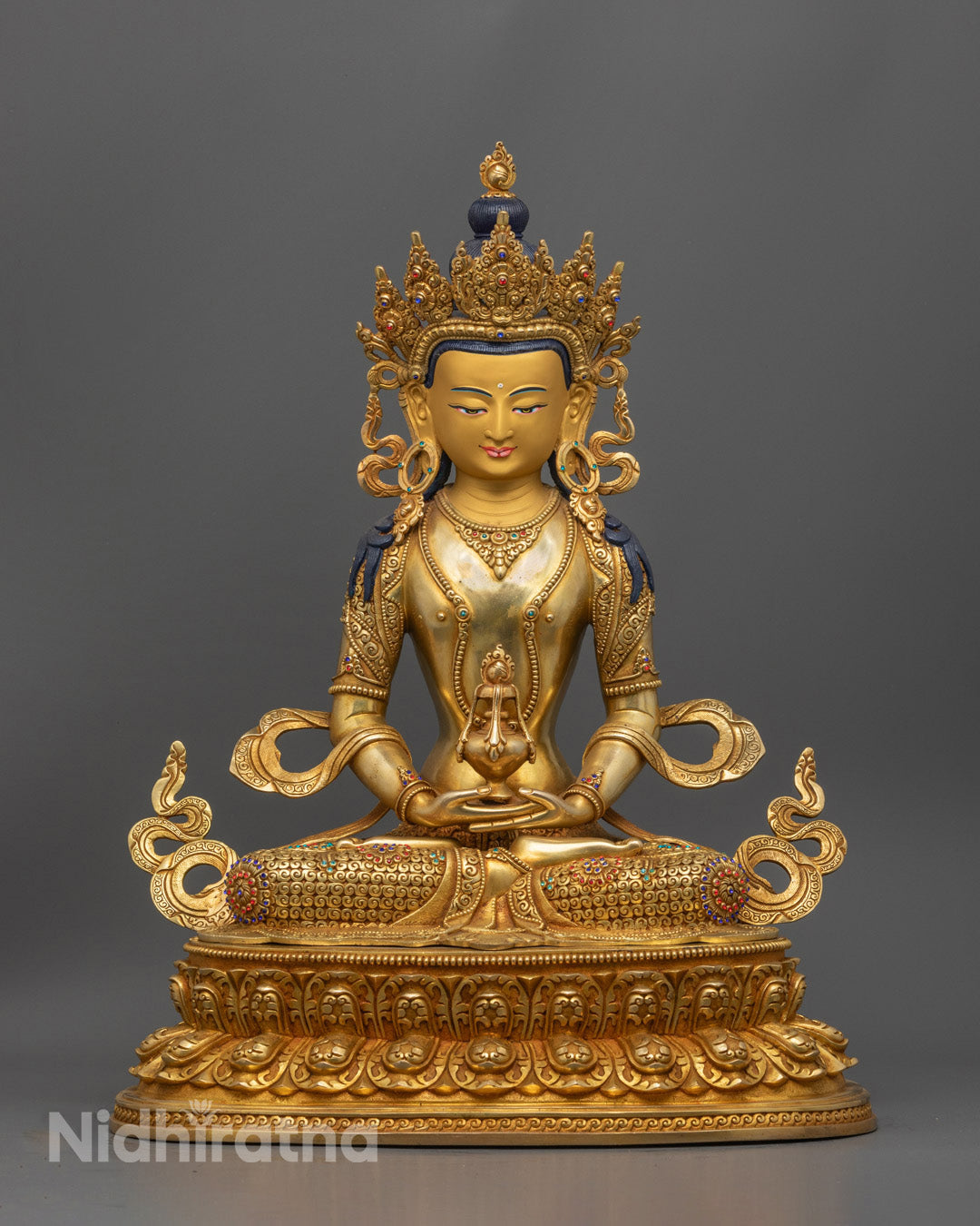 Nepalese Amitayus Statue | Gold Gilded Copper Buddhist Art 