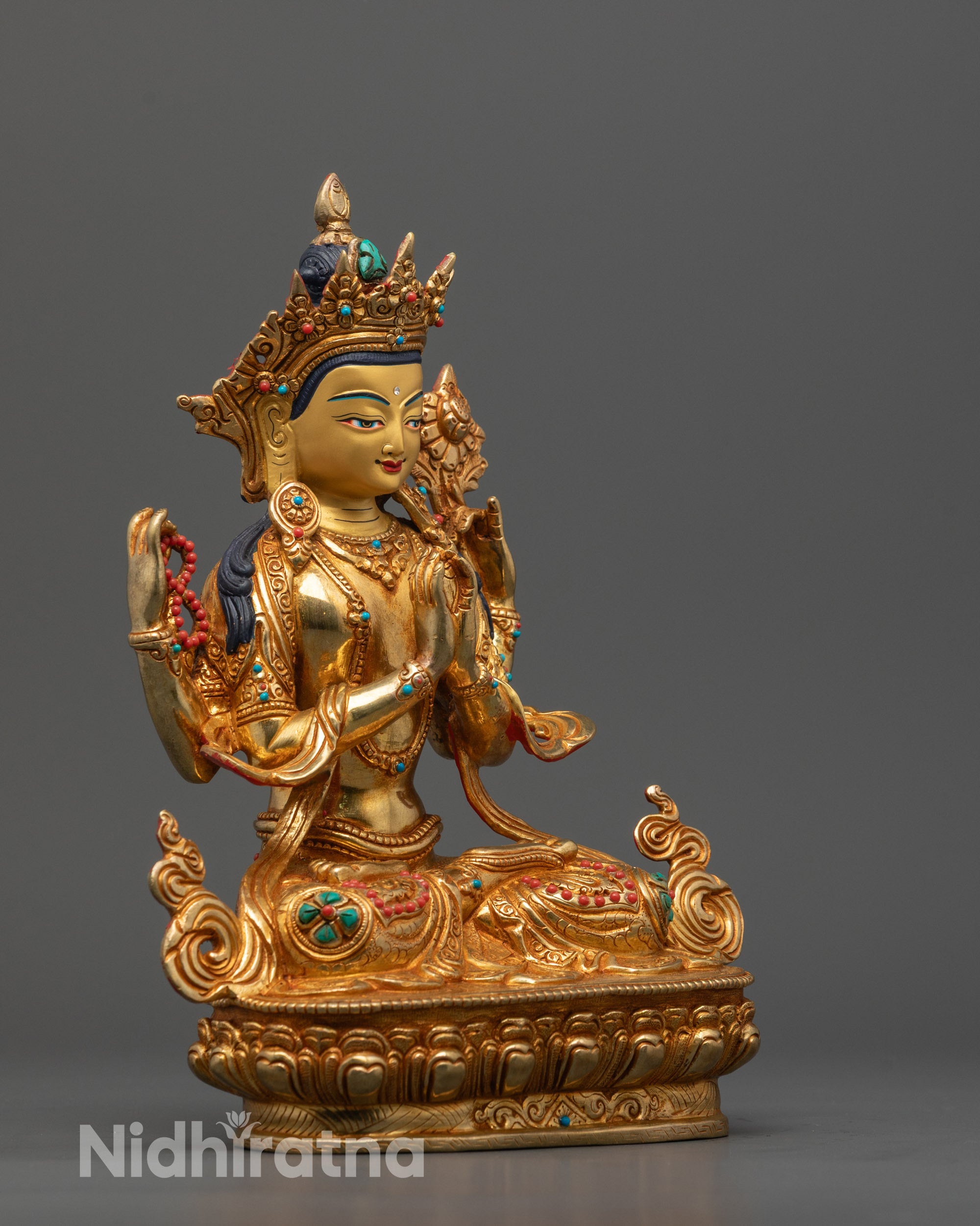 Nepalese Artisan-Crafted Chenrezig Statue Featuring Consort and Symbolic Objects