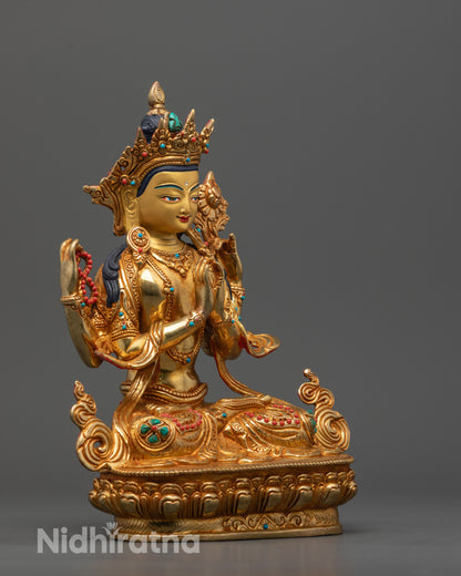 Nepalese Artisan-Crafted Chenrezig Statue Featuring Consort and Symbolic Objects