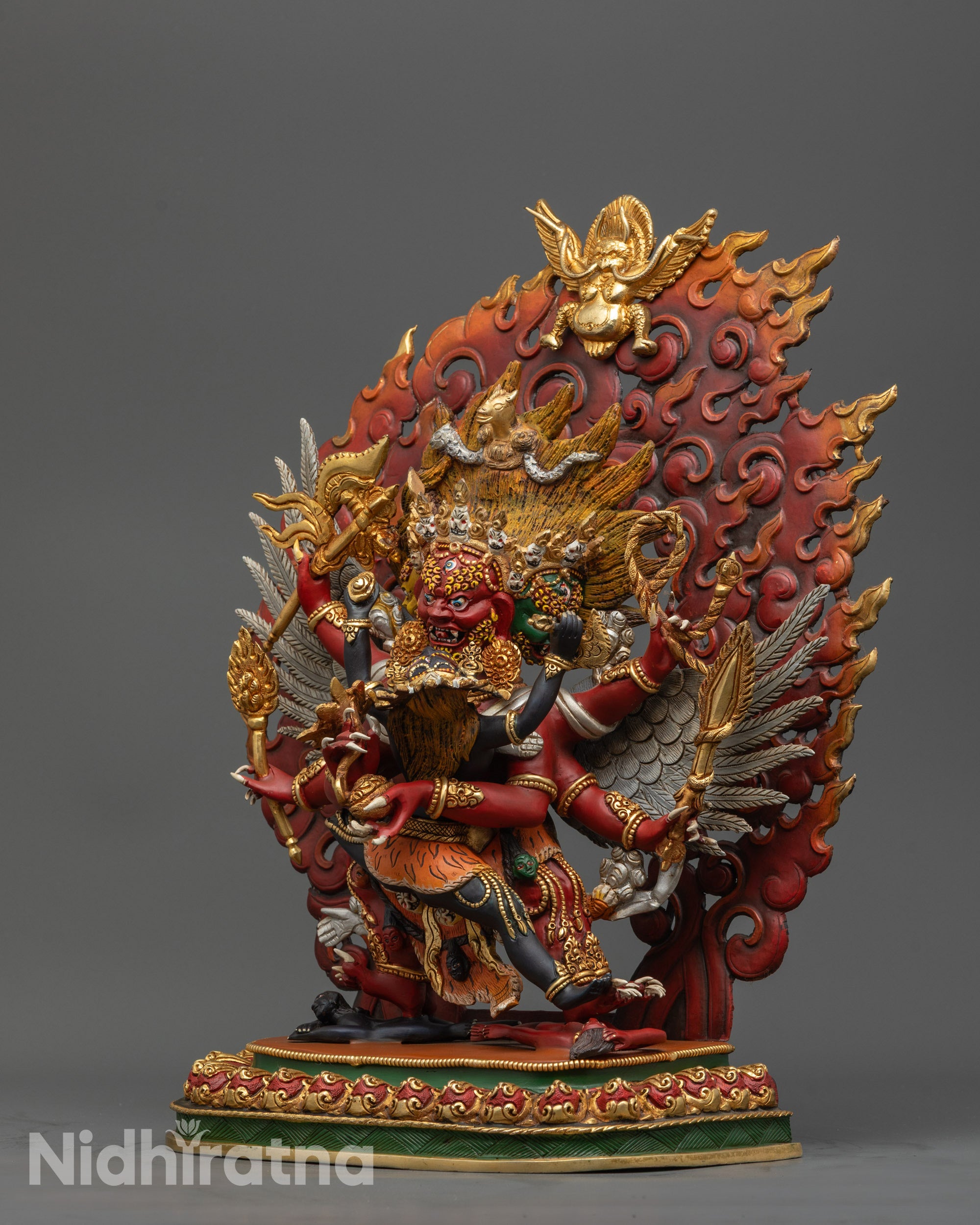 Nepalese Copper Hayagriva Statue with Garuda on Halo and Semi-Precious Detailing
