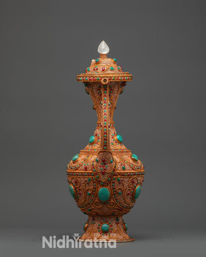 Nepalese Copper Karuwa featuring curved body, slender neck, and ornate gemstone details