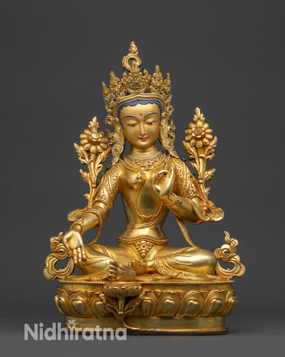 Nepalese Green Tara Statue front view gold-gilded copper alloy for altar