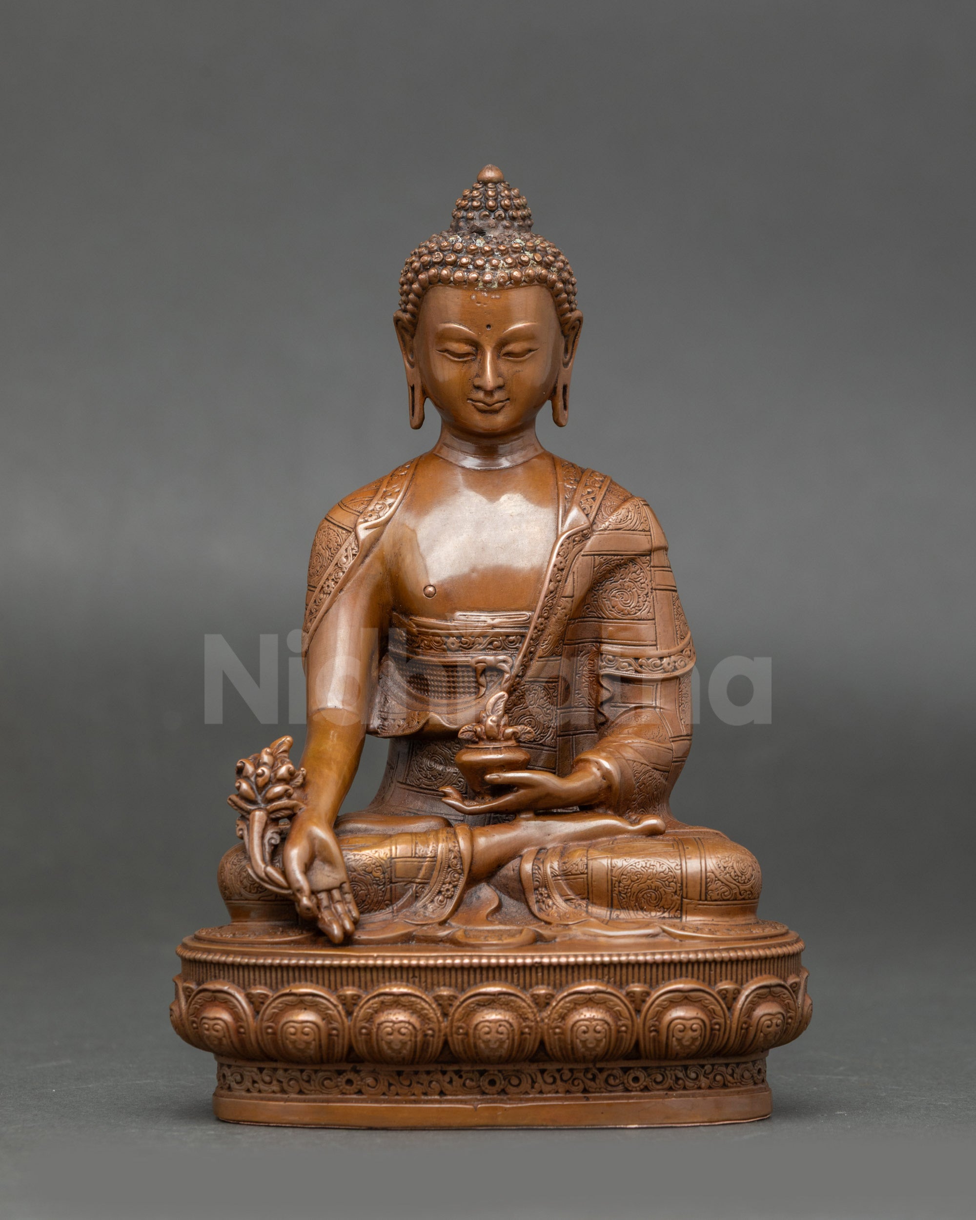 Nepalese Medicine Buddha Statue seated on lotus throne holding lapis-lazuli medicine jar and Aruna fruit, handcrafted spiritual healing sculpture