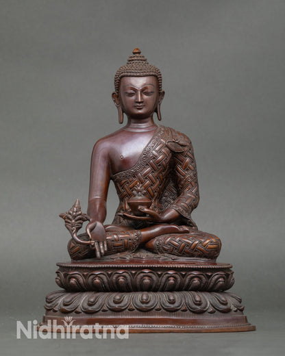 Nepalese Medicine Buddha statue on lotus seat, handcrafted copper for healing