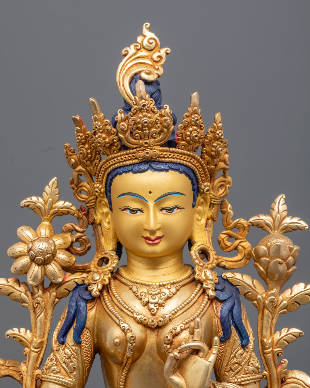 Nepalese Mother Tara statue with gold-gilded face and 24K gold fire-gilded body