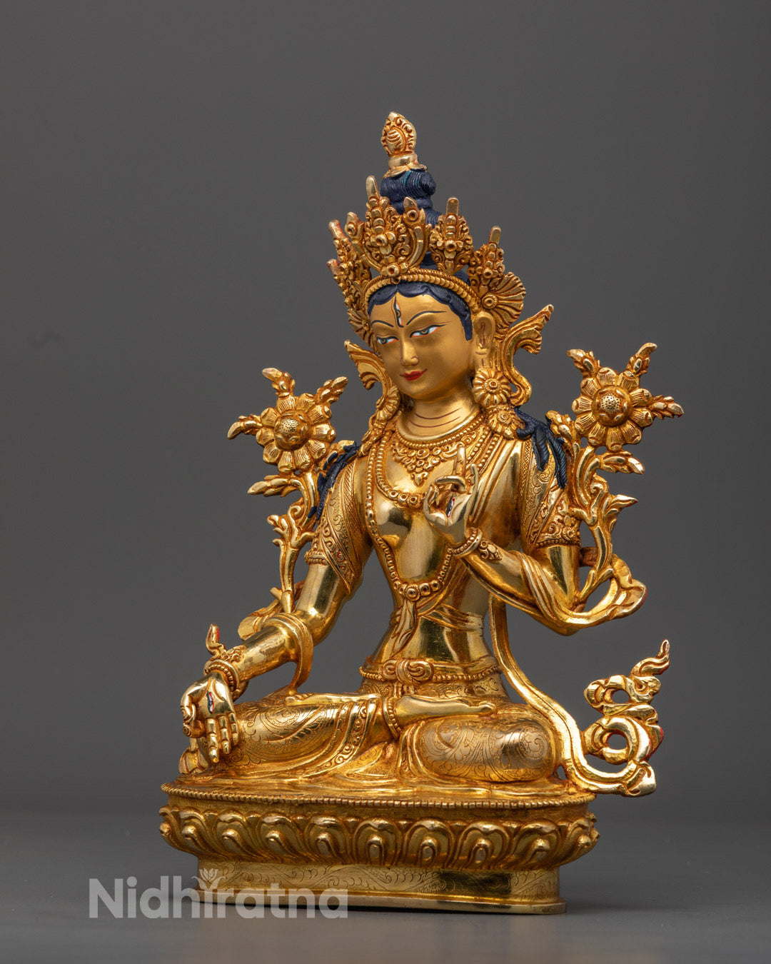Nepalese White Tara sculpture depicting the Goddess of Compassion and Longevity, crafted using lost wax method