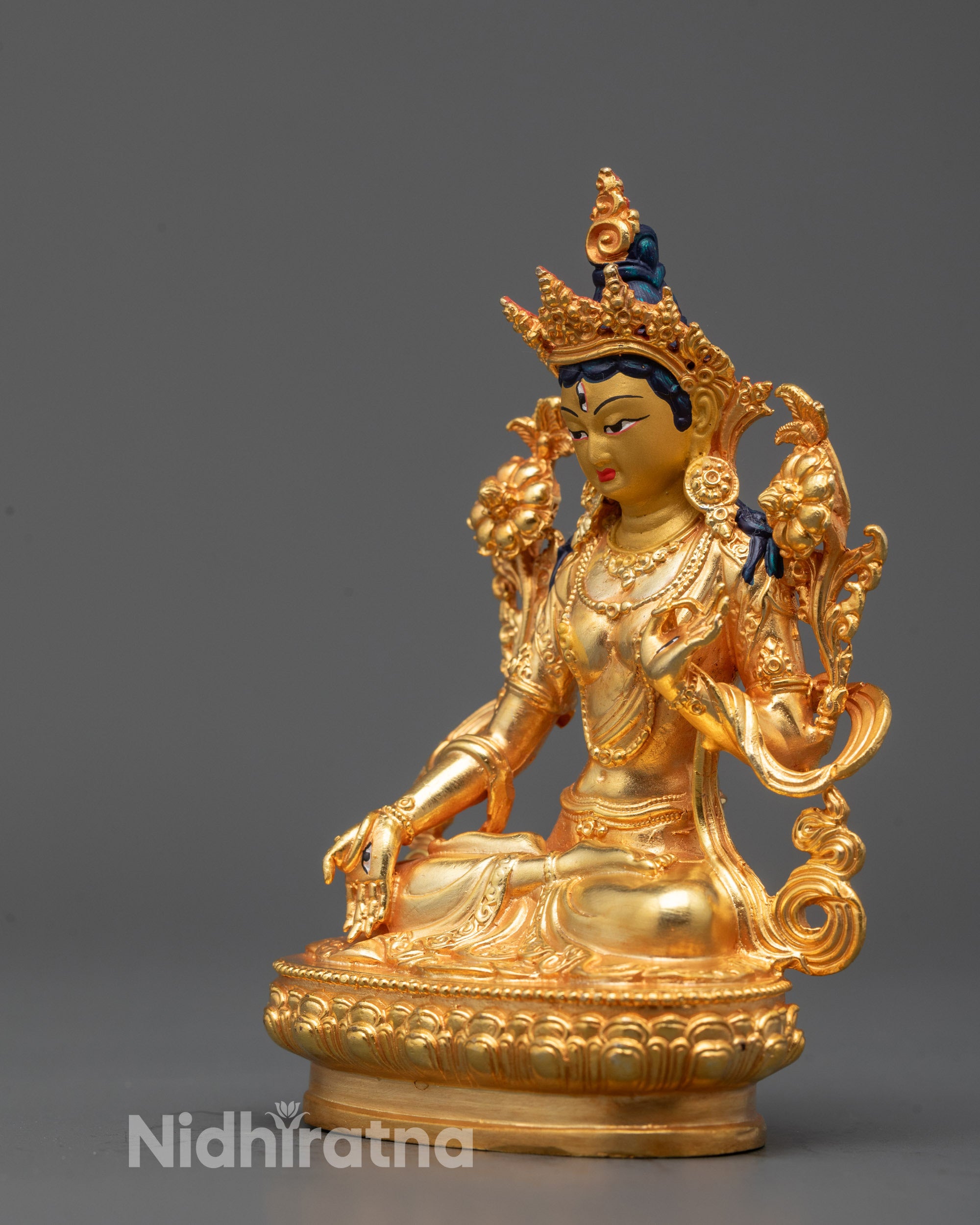 Nepalese White Tara sculpture with lotus seat and intricate detailing for meditation