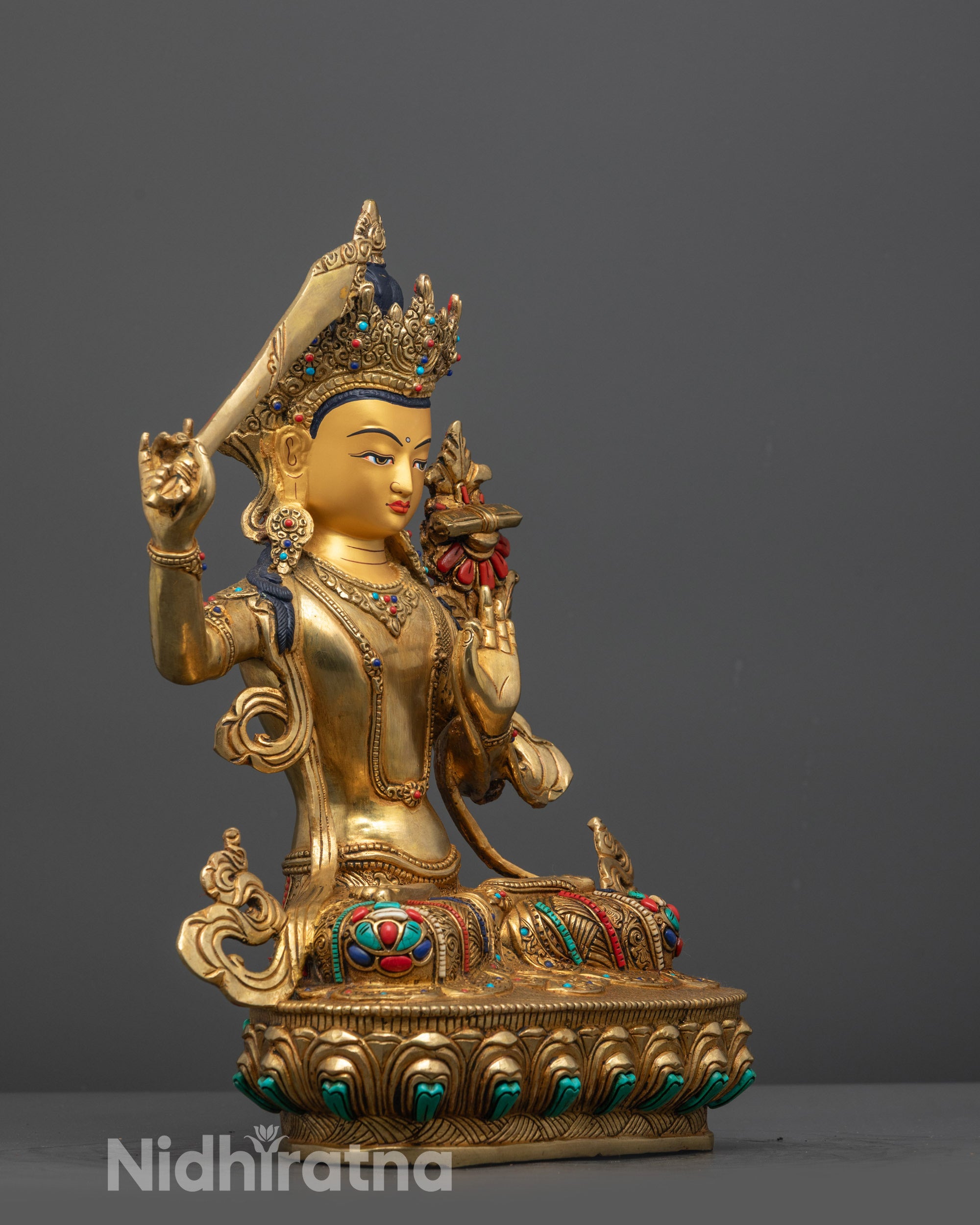 Nepalese artisan-made Manjushri statue with gold gilding