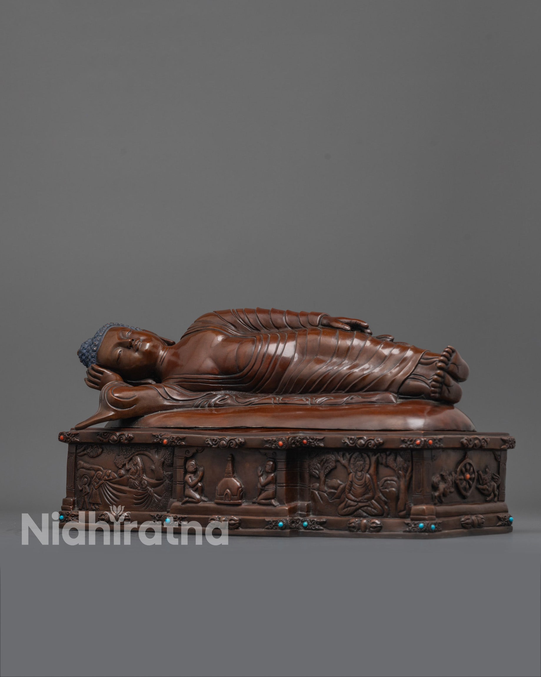 Nirvana Buddha Statue | Oxidized Copper Depiction of  Parinirvana