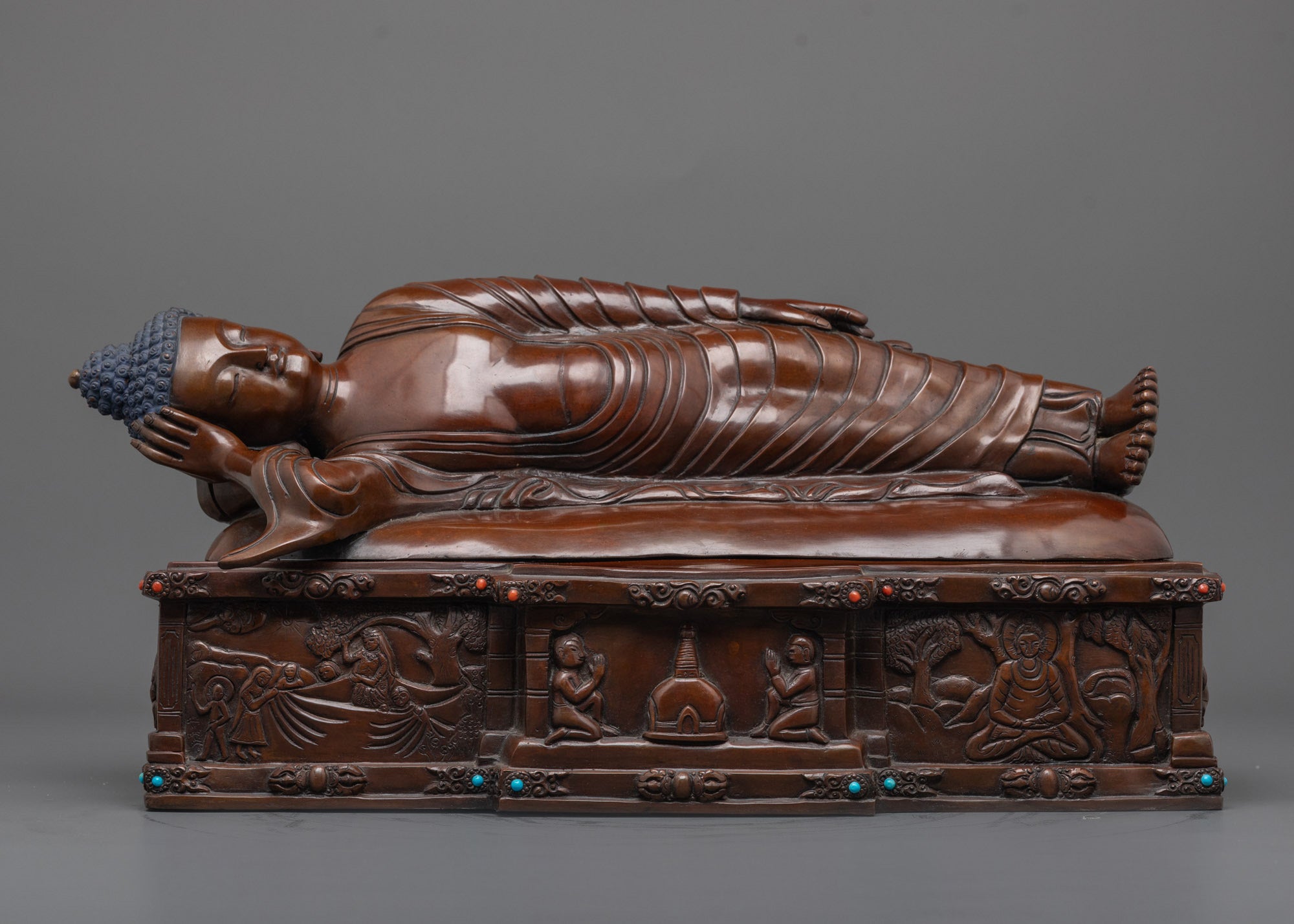 Nirvana Buddha Statue | Oxidized Copper Depiction of  Parinirvana