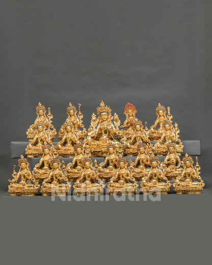 Overview of 21 Tara statues, Green Tara center surrounded by 20 emanations, gold accents