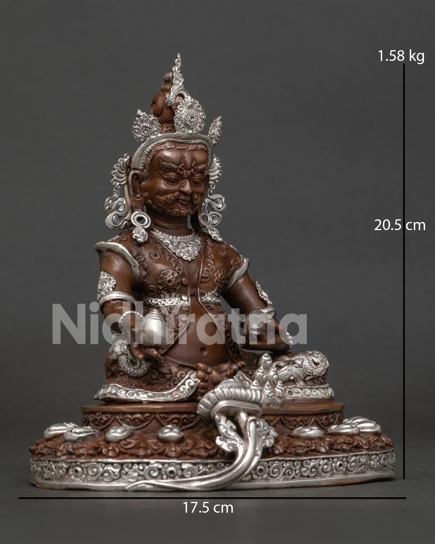 Oxidized Copper Dzambhala Statue Lotus Pedestal Citron Fruit Side View.